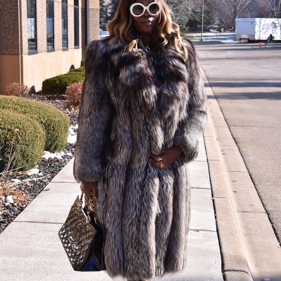 M SOLOMON: 100% Genuine Silver Fox Fur Long Coat